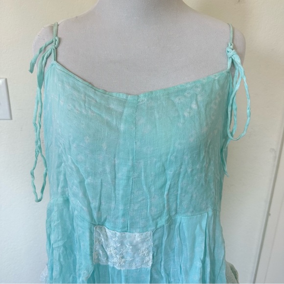 Boho Light Blue Shirt Dress White Lace Pockets L/XL Summer 100 % COTTON 🔥 - Picture 4 of 12